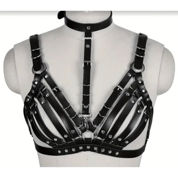 Goth Harness Bra*collar*Gay*Cosplay*Sub*Halloween*BDSM*NIP*Black*Faux Leather - Picture 2 of 4